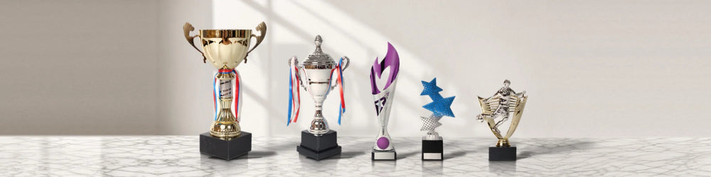 Gold and silver trophy cups, a purple flame trophy, a blue star trophy and a football trophy on a marble shelf