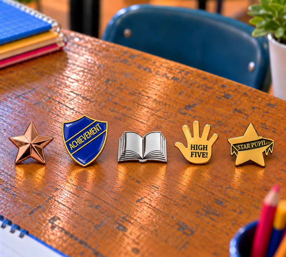 Award badges on a school desk