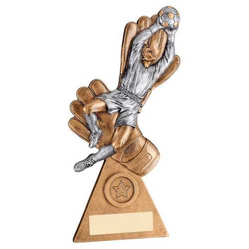 Bronze/Pewter/Gold Male Goalkeeper on Gloves with Plate - 9.25in by School Badges UK