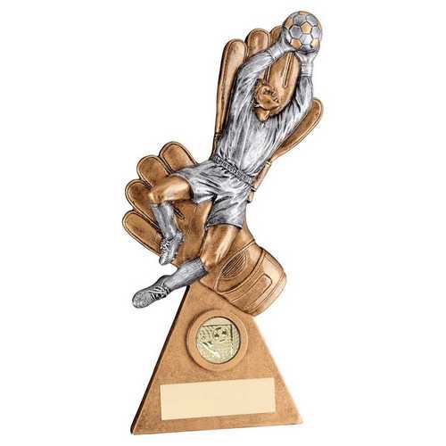 Bronze/Pewter/Gold Male Goalkeeper on Gloves with Plate - 9.25in by School Badges UK