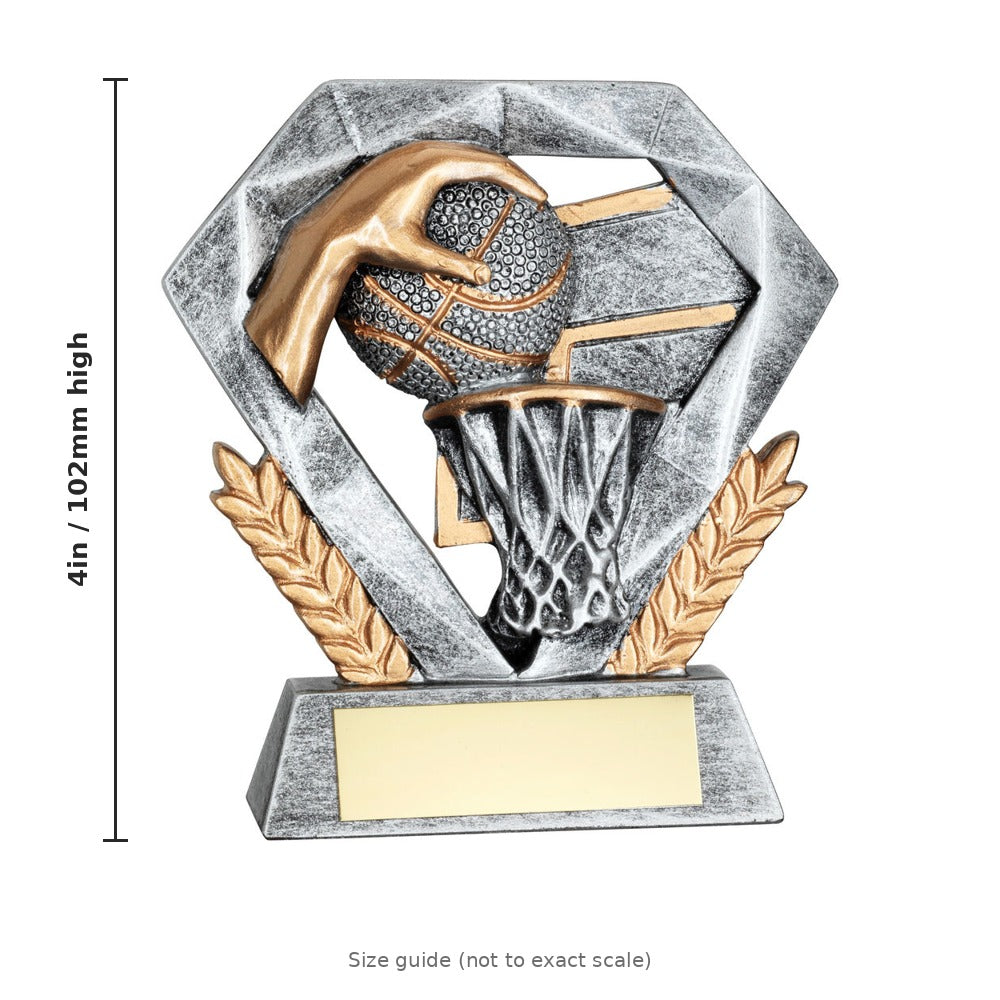Pewter/Gold Basketball Mini Diamond with Plate - 4in - size guide by School Badges UK