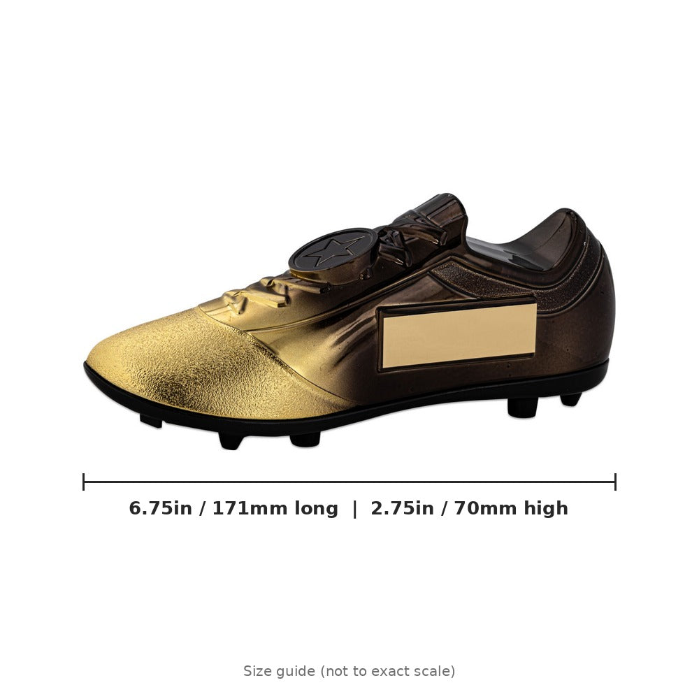 Filled Plastic Football Boot in Gold/Black with Plate - 6.75 x 2.75in - size guide by School Badges UK