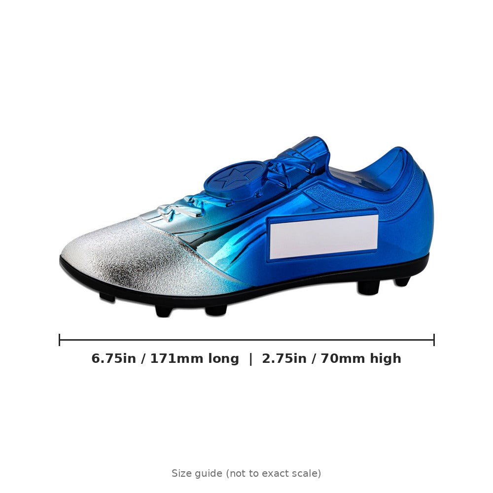 Filled Plastic Football Boot in Silver/Blue with Plate - 6.75 x 2.75in - size guide by School Badges UK