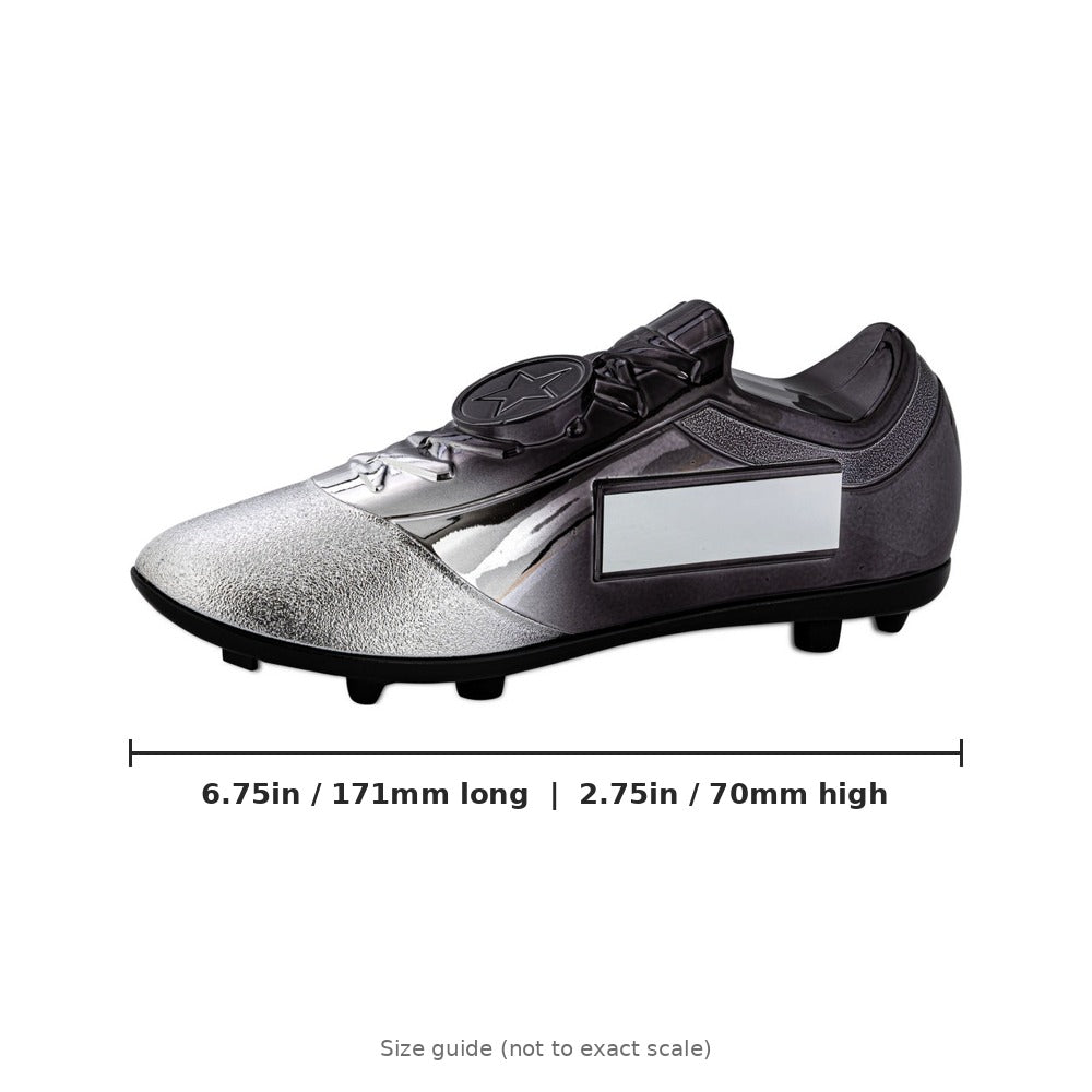 Filled Plastic Football Boot in Silver/Black with Plate - 6.75 x 2.75in - size guide by School Badges UK