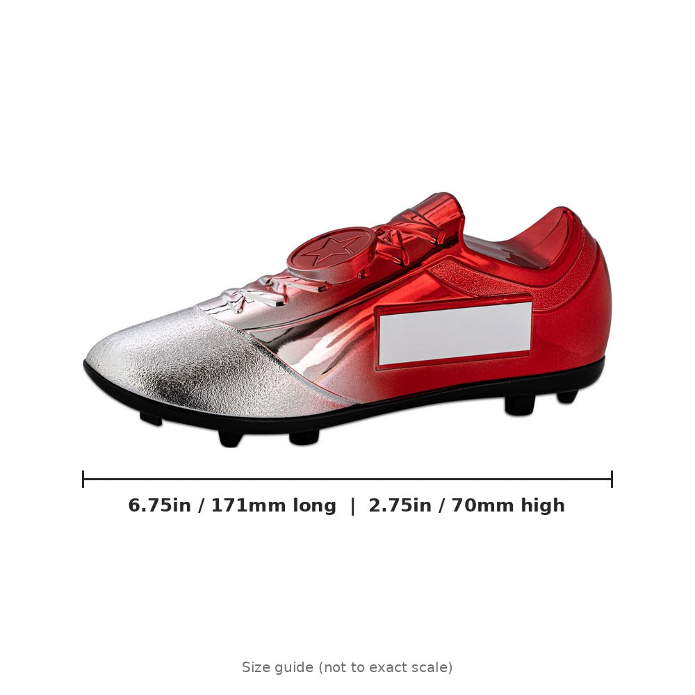 Filled Plastic Football Boot in Silver/Red with Plate - 6.75 x 2.75in - size guide by School Badges UK