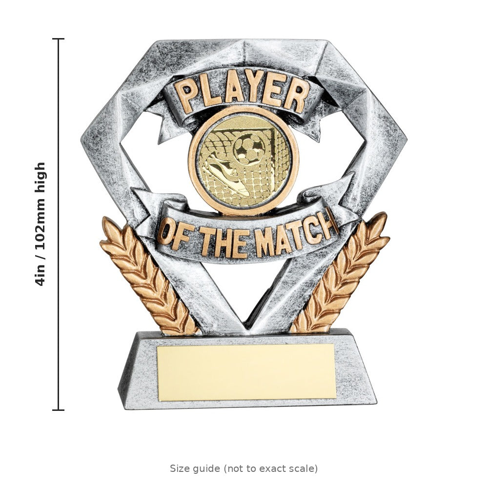 Pewter/Gold Player of the Match Mini Diamond with Football Insert & Plate - 4in - size guide by School Badges UK