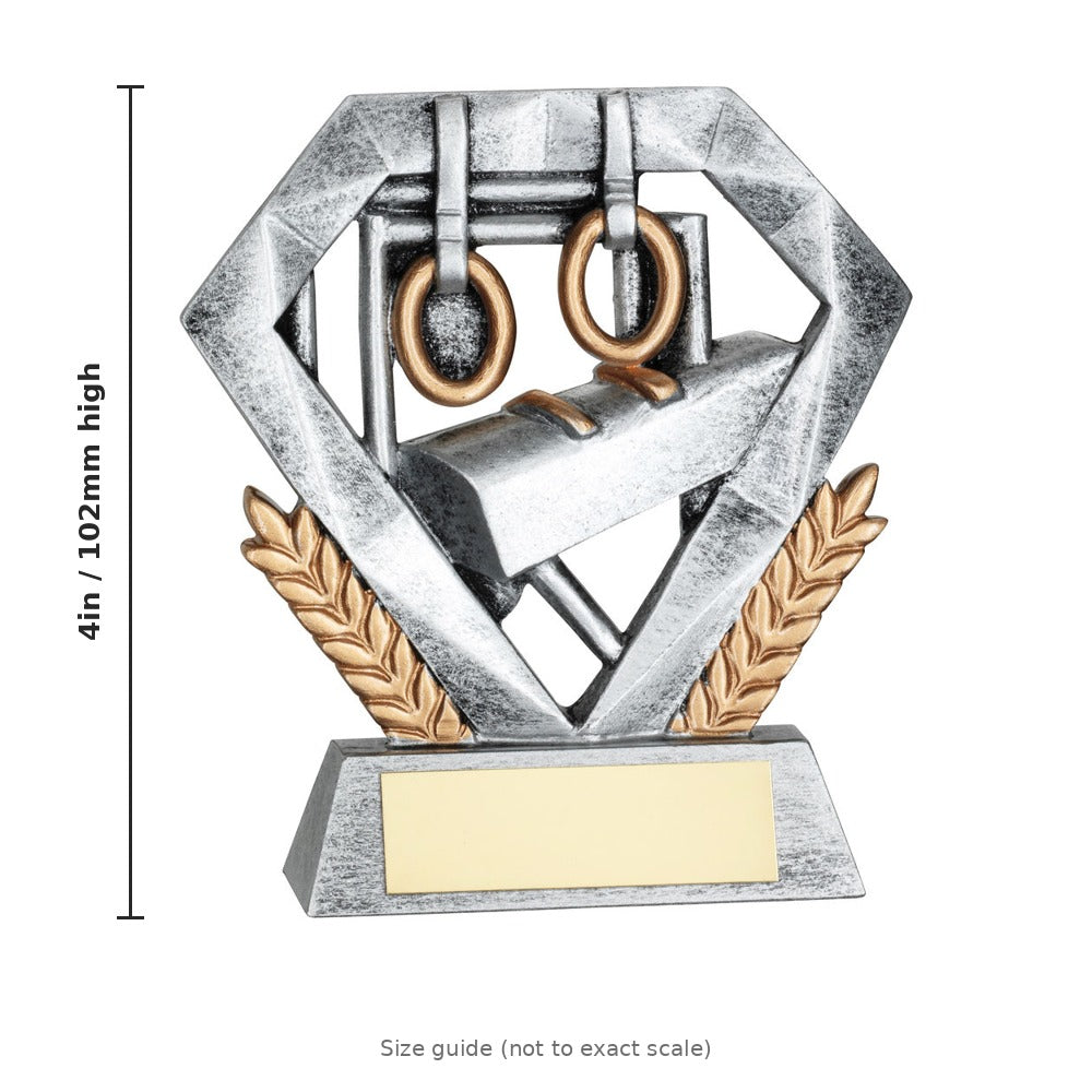 Pewter/Gold Gymnastics Mini Diamond with Plate - 4in - size guide by School Badges UK