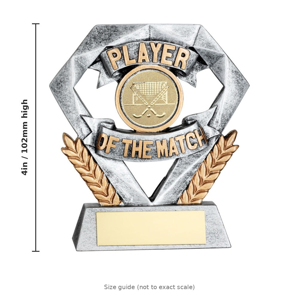 Pewter/Gold Player of the Match Mini Diamond with Hockey Insert & Plate - 4in - size guide by School Badges UK