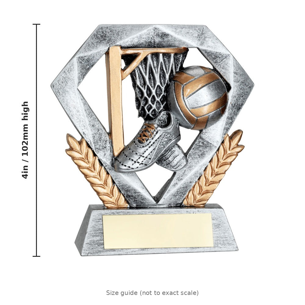 Pewter/Gold Netball Mini Diamond with Plate - 4in - size guide by School Badges UK