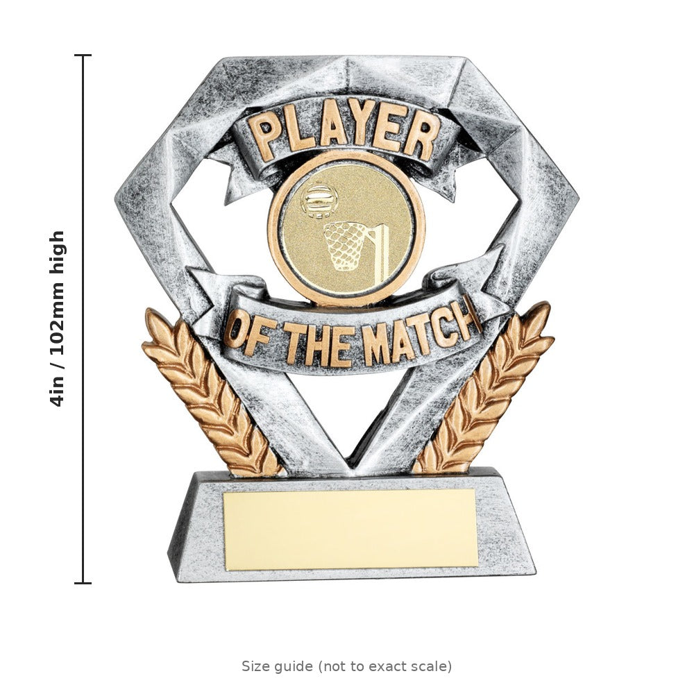 Pewter/Gold Player of the Match Mini Diamond with Netball Insert & Plate - 4in - size guide by School Badges UK