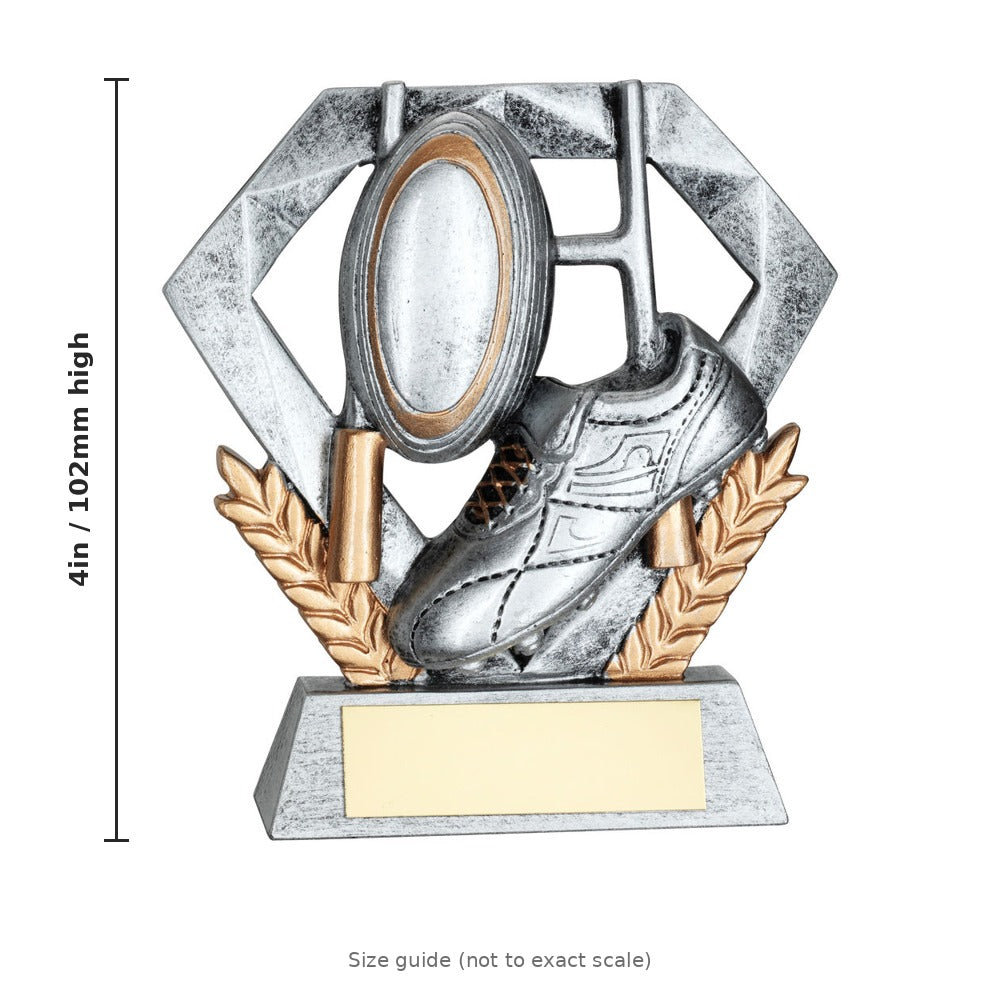 Pewter/Gold Rugby Mini Diamond with Plate - 4in - size guide by School Badges UK