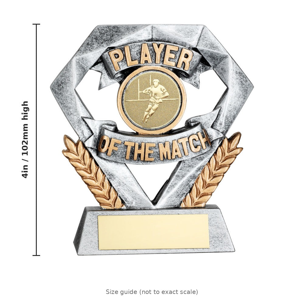 Pewter/Gold Player of the Match Mini Diamond with Rugby Insert & Plate - 4in - size guide by School Badges UK