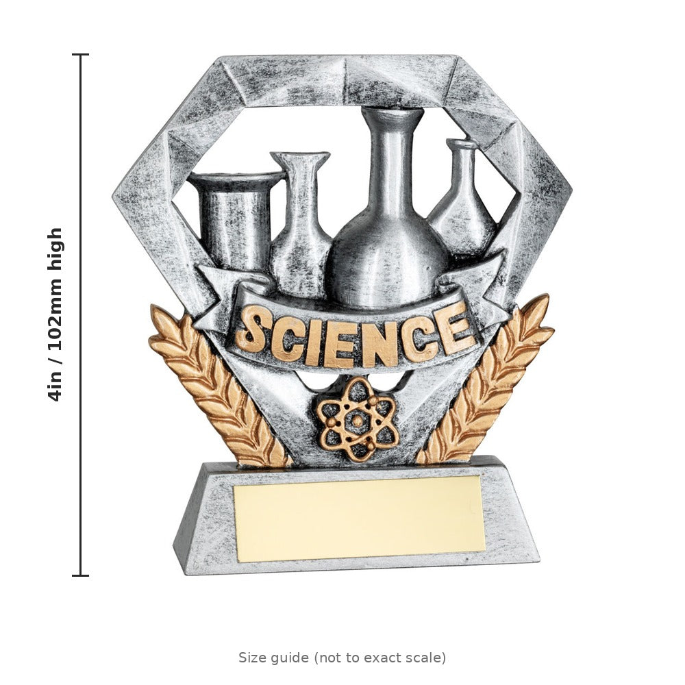 Pewter/Gold Science Mini Diamond with Plate - 4in - size guide by School Badges UK