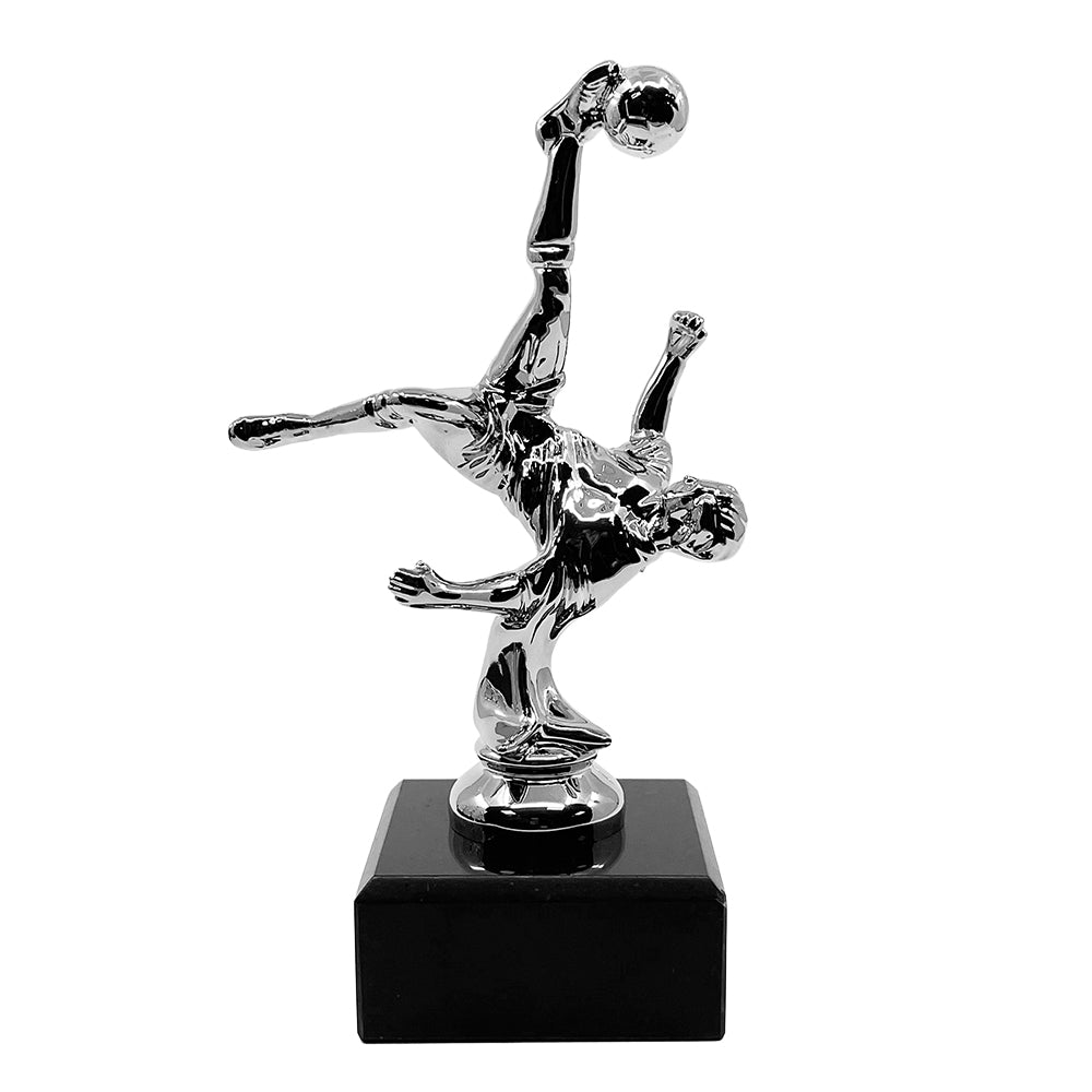 Bicycle Kick Football Trophy with Marble Base Silver by School Badges UK