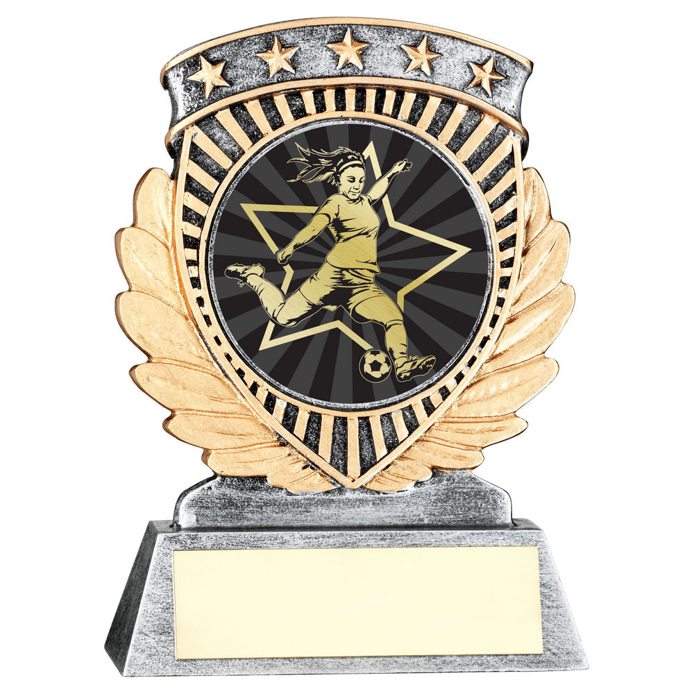 Pewter/Gold 5 Star Holder with Vinyl Female Football Insert & Plate - 95mm by School Badges UK
