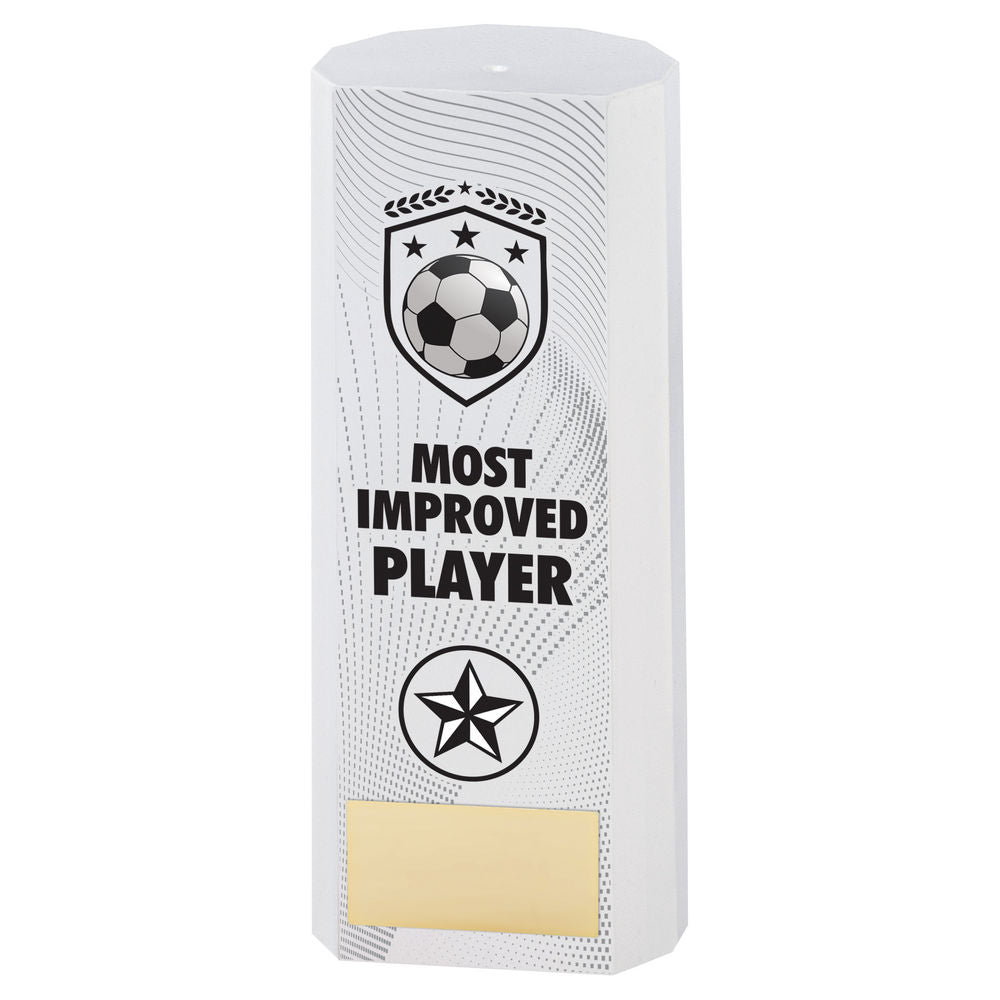 White Plastic Filled Column Football Most Improved Player Trophy