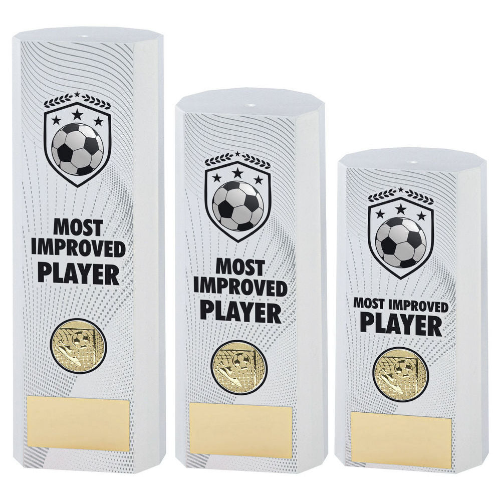 White Plastic Filled Column Football Most Improved Player Trophy