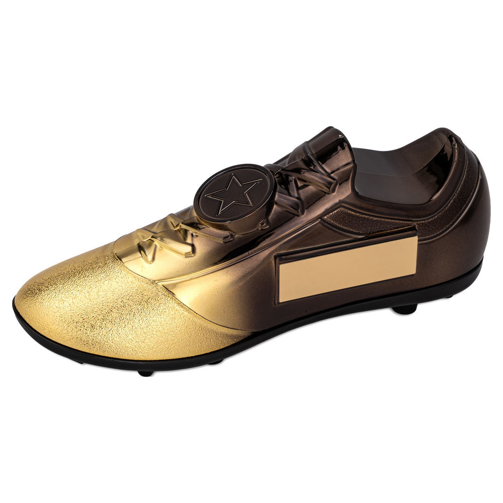 Filled Plastic Football Boot in Gold/Black with Plate - 6.75 x 2.75in - three-quarter view by School Badges UK
