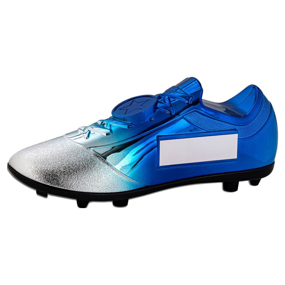 Filled Plastic Football Boot in Silver/Blue with Plate - 6.75 x 2.75in by School Badges UK