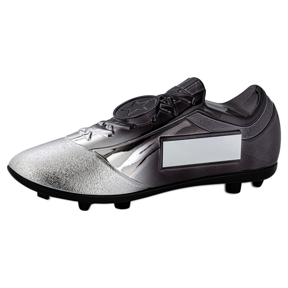 Filled Plastic Football Boot in Silver/Black with Plate - 6.75 x 2.75in by School Badges UK
