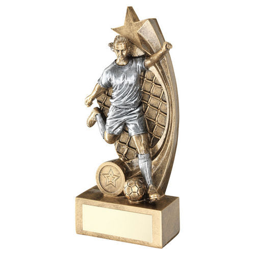 Bronze/Pewter Female Football Figure on Star Net Backing with Plate - 191mm by School Badges UK