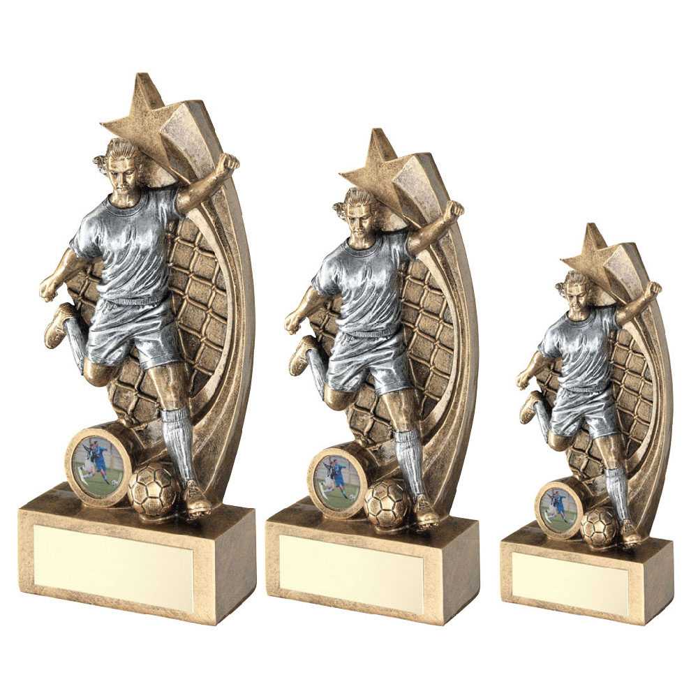 Bronze/Pewter Female Football Figure on Star Net Backing with Plate by School Badges UK