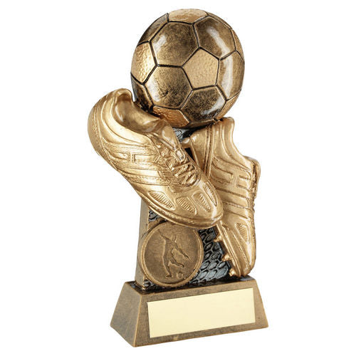 Bronze/Gold/Pewter Flatback Football and Boots on Riser with Plate - 127mm by School Badges UK
