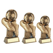 Bronze/Gold/Pewter Flatback Football and Boots on Riser with Plate by School Badges UK