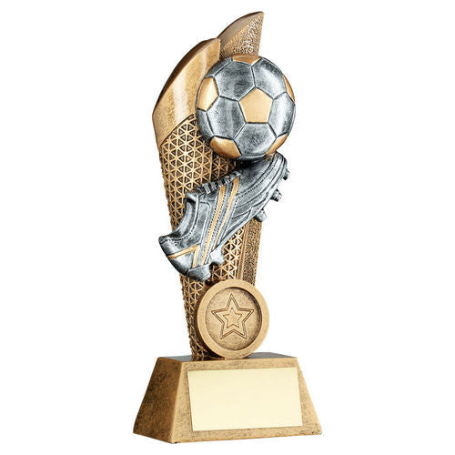 Bronze/Pewter/Gold Football and Boot on Mesh Backdrop with Plate - 127mm by School Badges UK