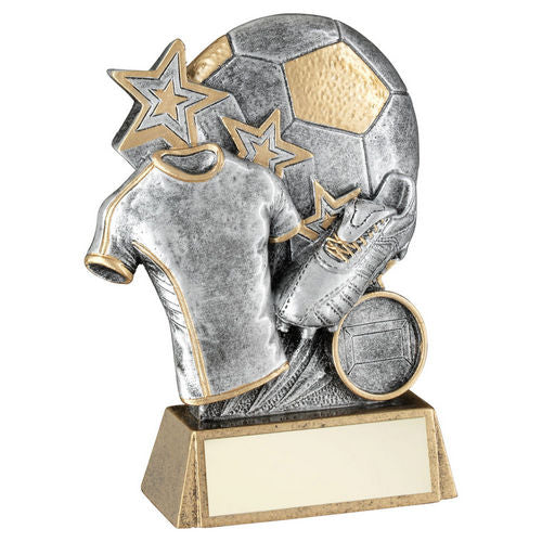 Pewter/Gold Football with Boot and Shirt on Bronze Base with Plate - 133mm by School Badges UK