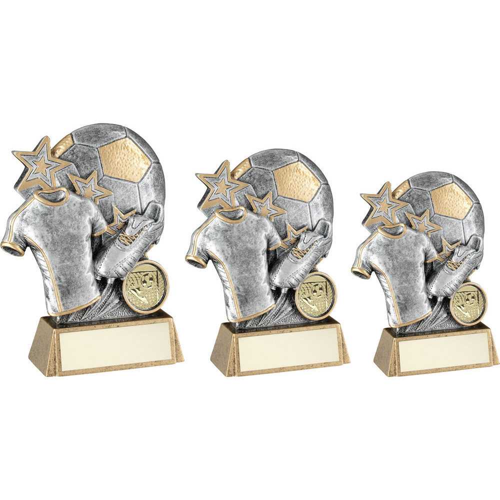 Pewter/Gold Football with Boot and Shirt on Bronze Base with Plate by School Badges UK