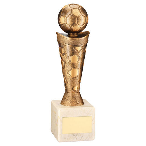 Bronze/Gold Plastic Football Figure on Cream Marble Trophy - (1in Cen) - 229mm by School Badges UK