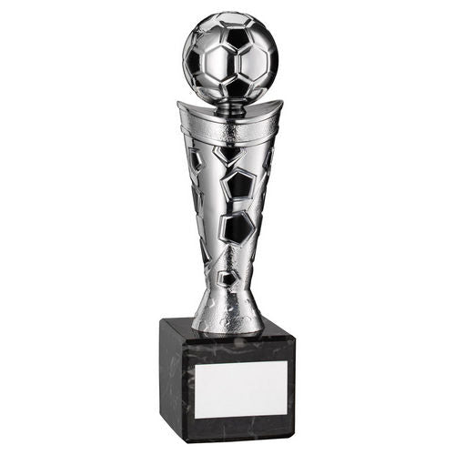 Silver/Black Plastic Football Figure on Black Marble Trophy - Takes 1in Centre - 229mm by School Badges UK