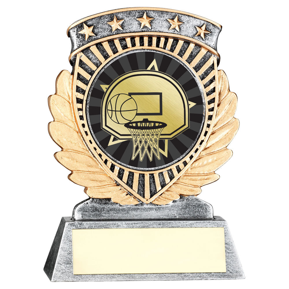 Pewter/Gold 5 Star Holder with Vinyl Basketball Insert & Plate - 95mm by School Badges UK