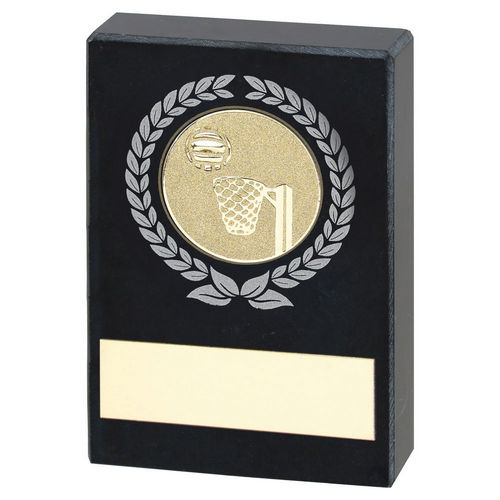 Black Marble with Silver/Gold Wreath, Netball Insert and Plate - 64X44mm by School Badges UK