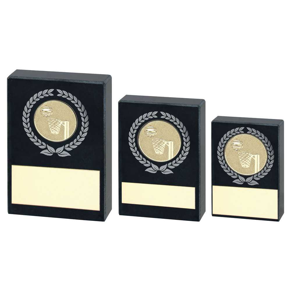 Black Marble with Silver/Gold Wreath, Netball Insert and Plate by School Badges UK