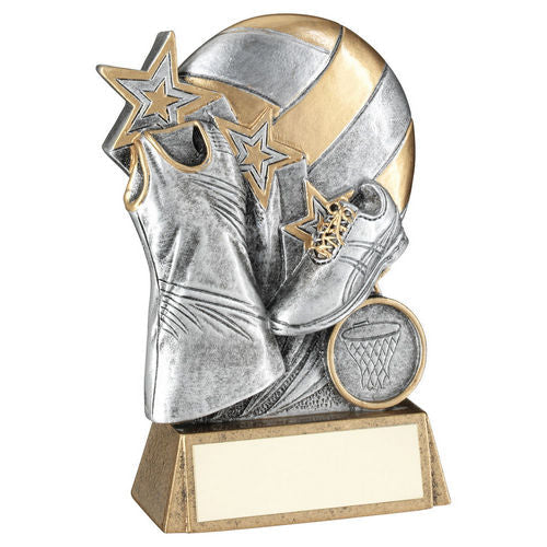 Pewter/Gold Netball with Shoe and Dress on Bronze Base with Plate - 133mm by School Badges UK
