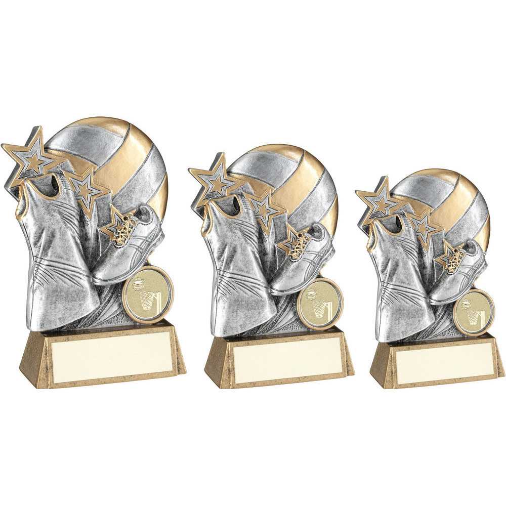 Pewter/Gold Netball with Shoe and Dress on Bronze Base with Plate by School Badges UK