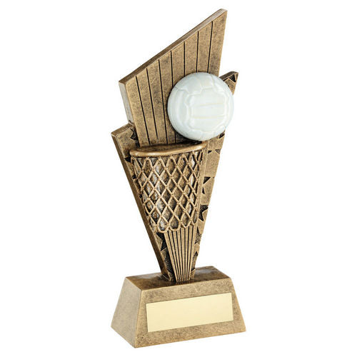 Bronze/Gold/White Netball and Net on Pointed Backdrop with Plate - 152mm by School Badges UK