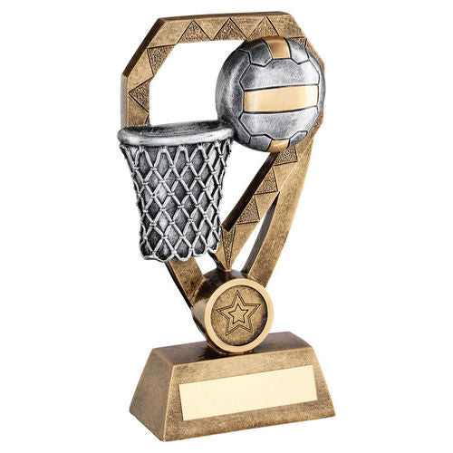 Bronze/Pewter/Gold Netball with Net on Diamond with Plate - 178mm by School Badges UK
