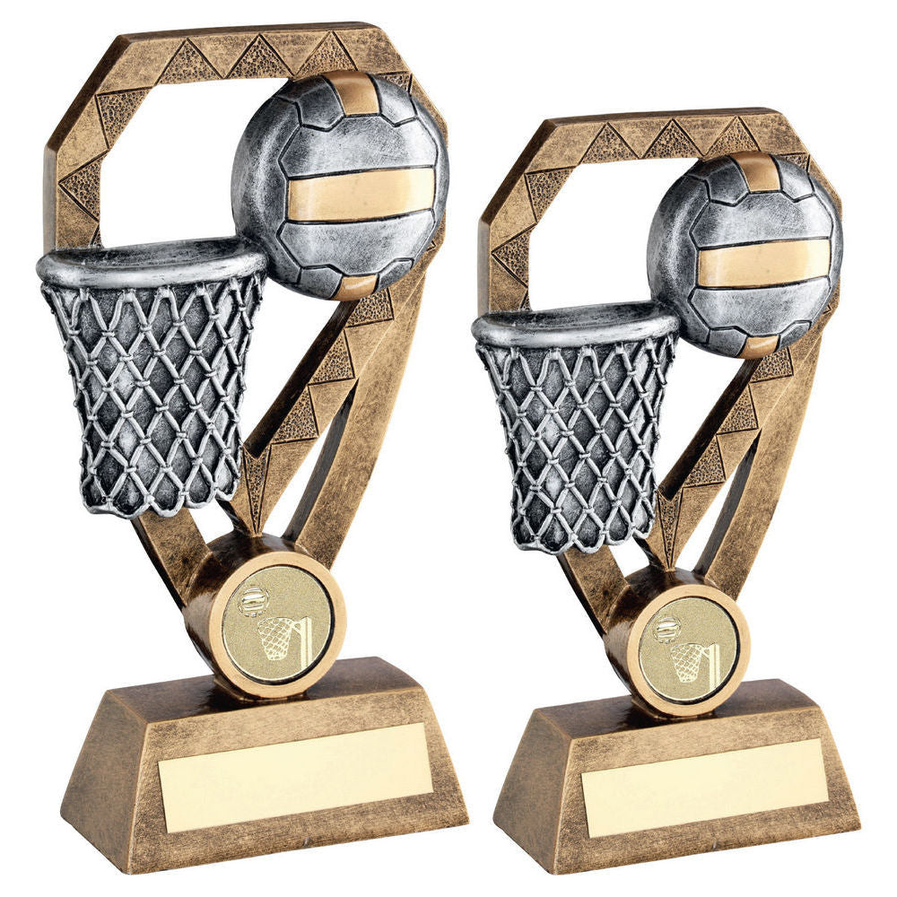 Bronze/Pewter/Gold Netball with Net on Diamond with Plate by School Badges UK