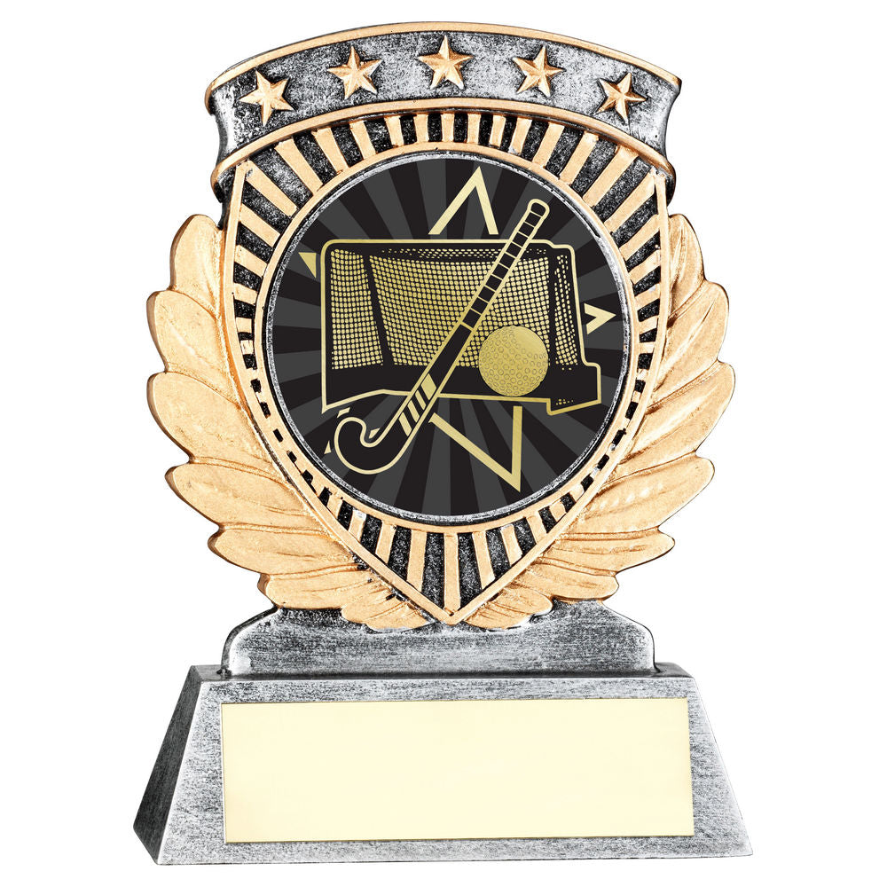 Pewter/Gold 5 Star Holder with Vinyl Hockey Insert & Plate - 95mm by School Badges UK