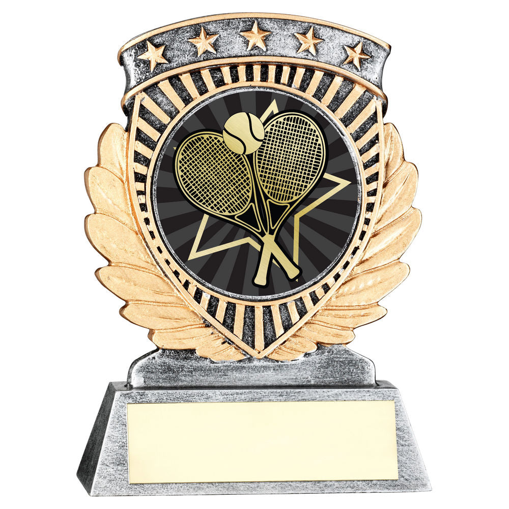 Pewter/Gold 5 Star Holder with Vinyl Tennis Insert & Plate - 95mm by School Badges UK