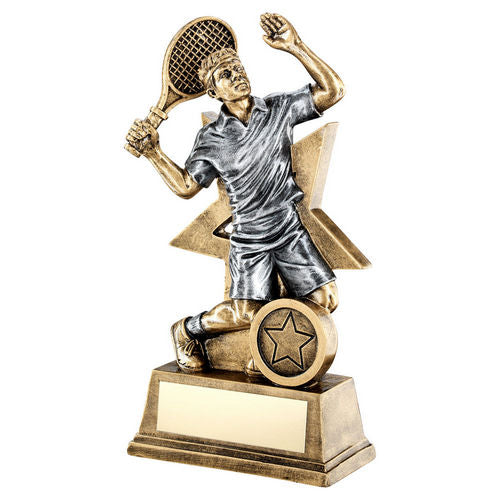 Bronze/Gold/Pewter Male Tennis Figure with Star Backing with Plate - 152mm by School Badges UK