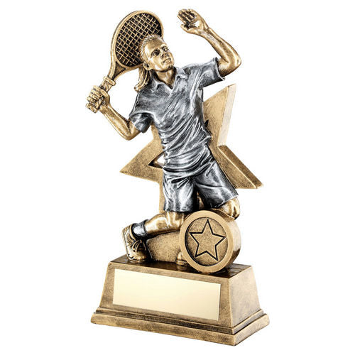 Bronze/Gold/Pewter Female Tennis Figure with Star Backing with Plate - 178mm by School Badges UK