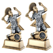 Bronze/Gold/Pewter Female Tennis Figure with Star Backing with Plate by School Badges UK