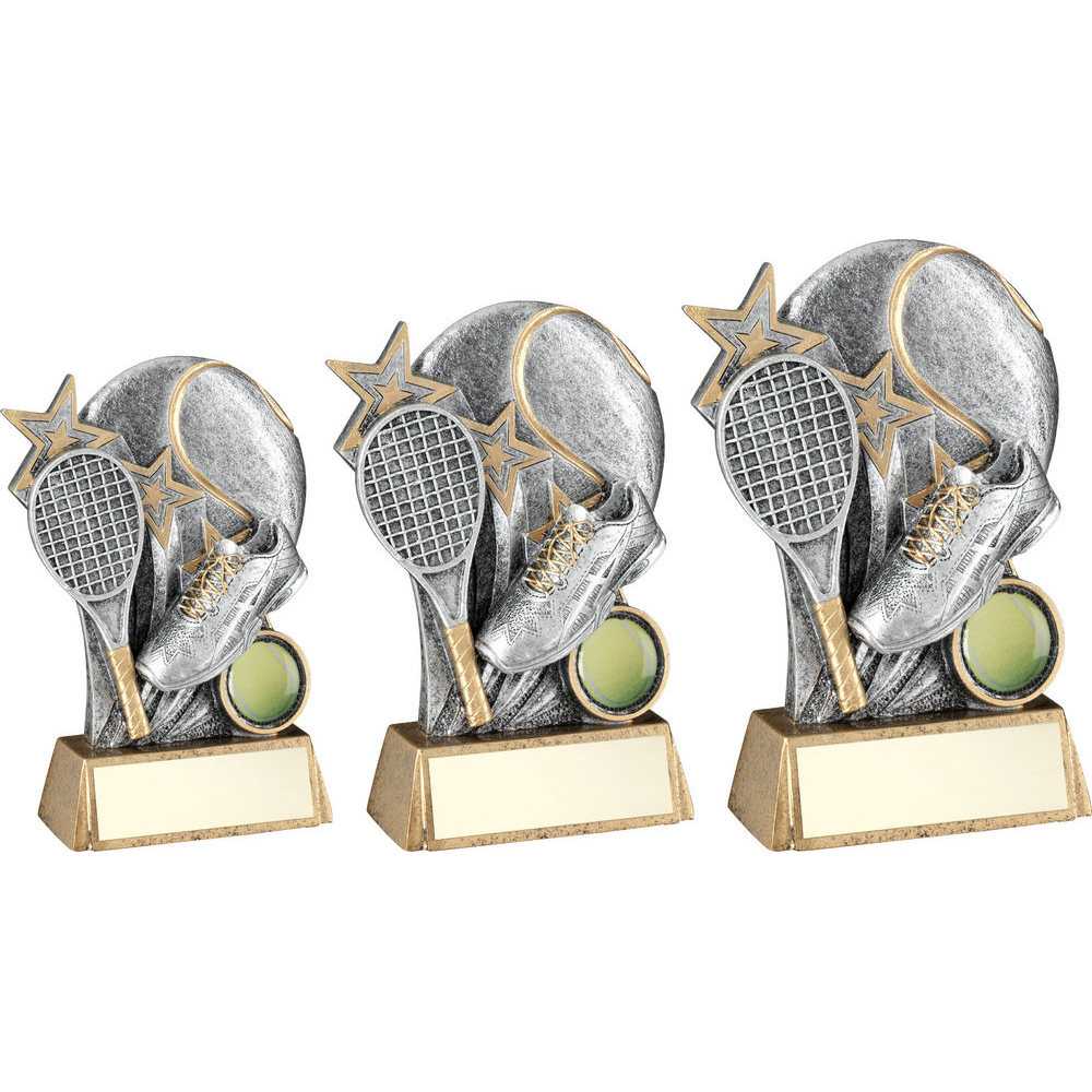 Pewter/Gold Tennis Ball with Racket on Bronze Base with Plate by School Badges UK