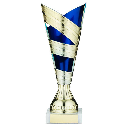 Gold/Blue Plastic V Stem Trophy Cup with Plate - 210mm by School Badges UK