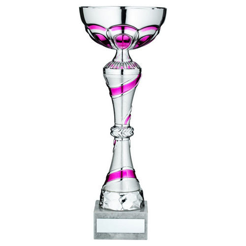 Silver/Pink Trophy Cup with Plate - 254mm by School Badges UK