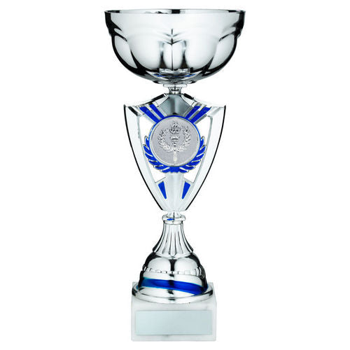 Silver/Blue Shield Trophy Cup with Plate - 298mm by School Badges UK
